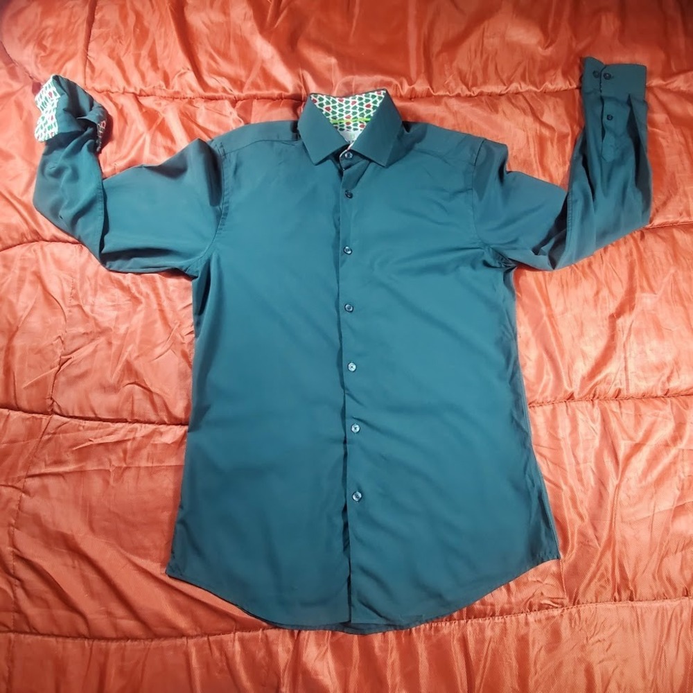 Tom Baine Holliday Shirt Men's Medium Slim Fit Button Up Flip Cuff Green Stretch